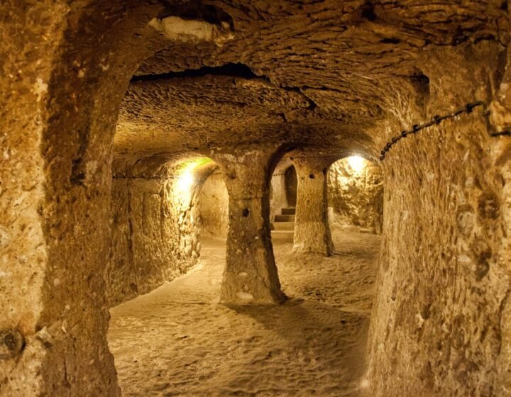 The narrow stone-walled corridors and niches of Derinkuyu Underground City.